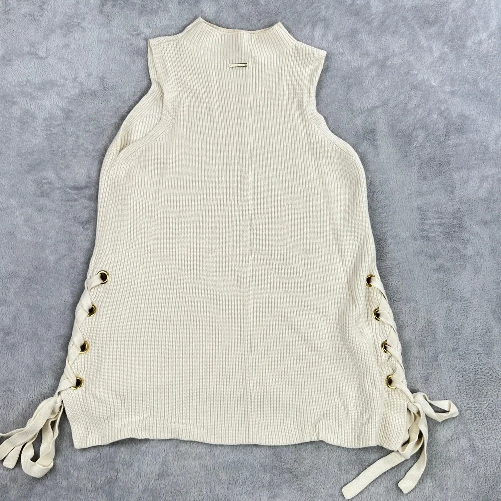 Michael Kors Lace Up Side Ribbed Knit Sweater L White Women Mock Neck Sleeveless